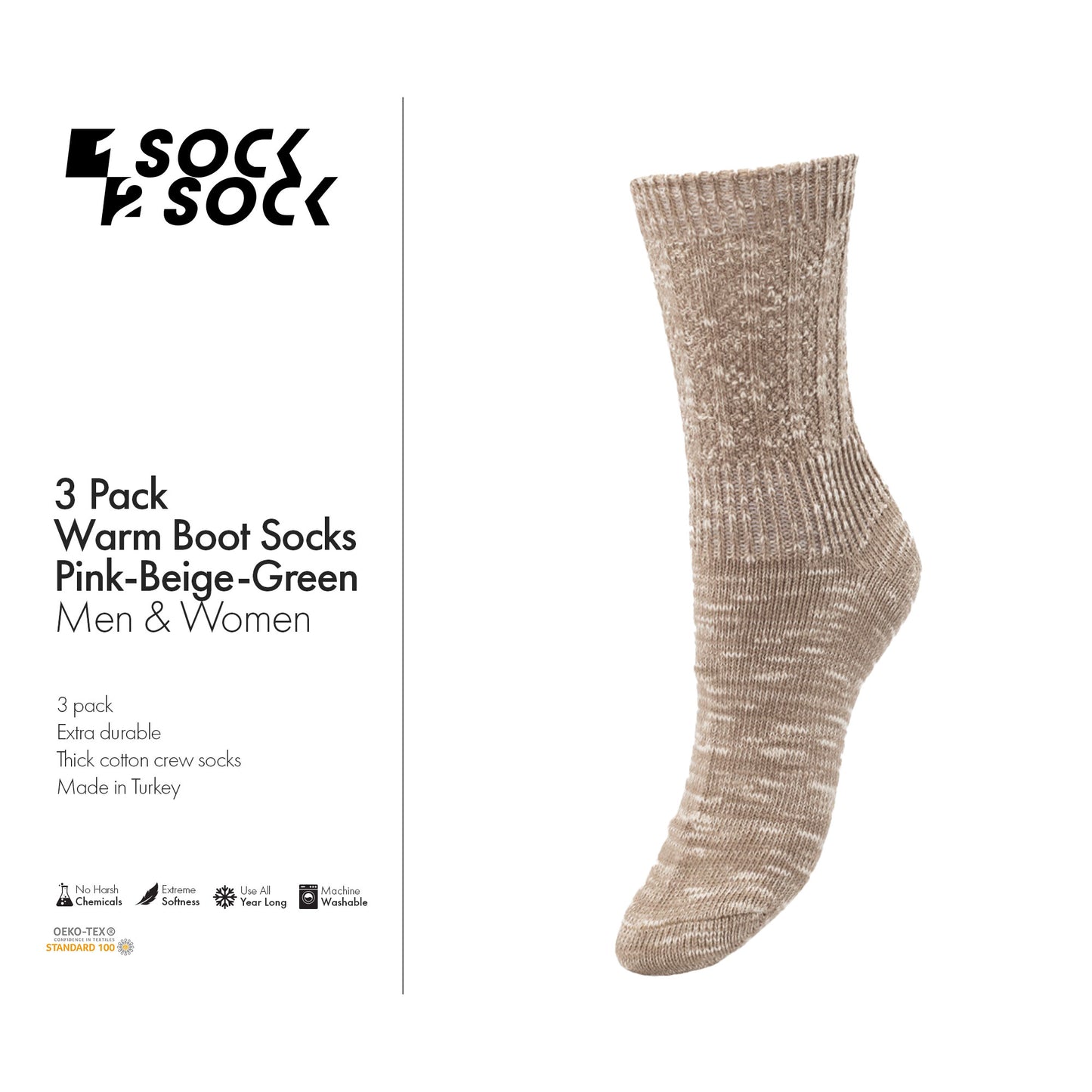 3 PACK WARM BOOT SOCKS PINK-BEIGE-GREEN