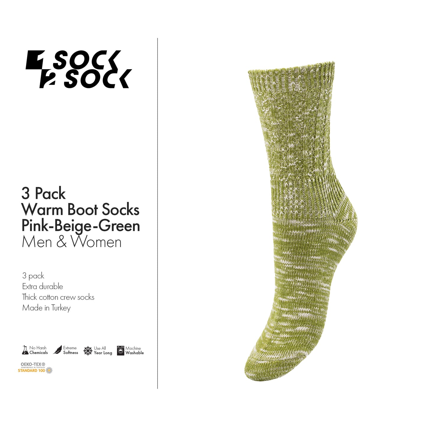 3 PACK WARM BOOT SOCKS PINK-BEIGE-GREEN