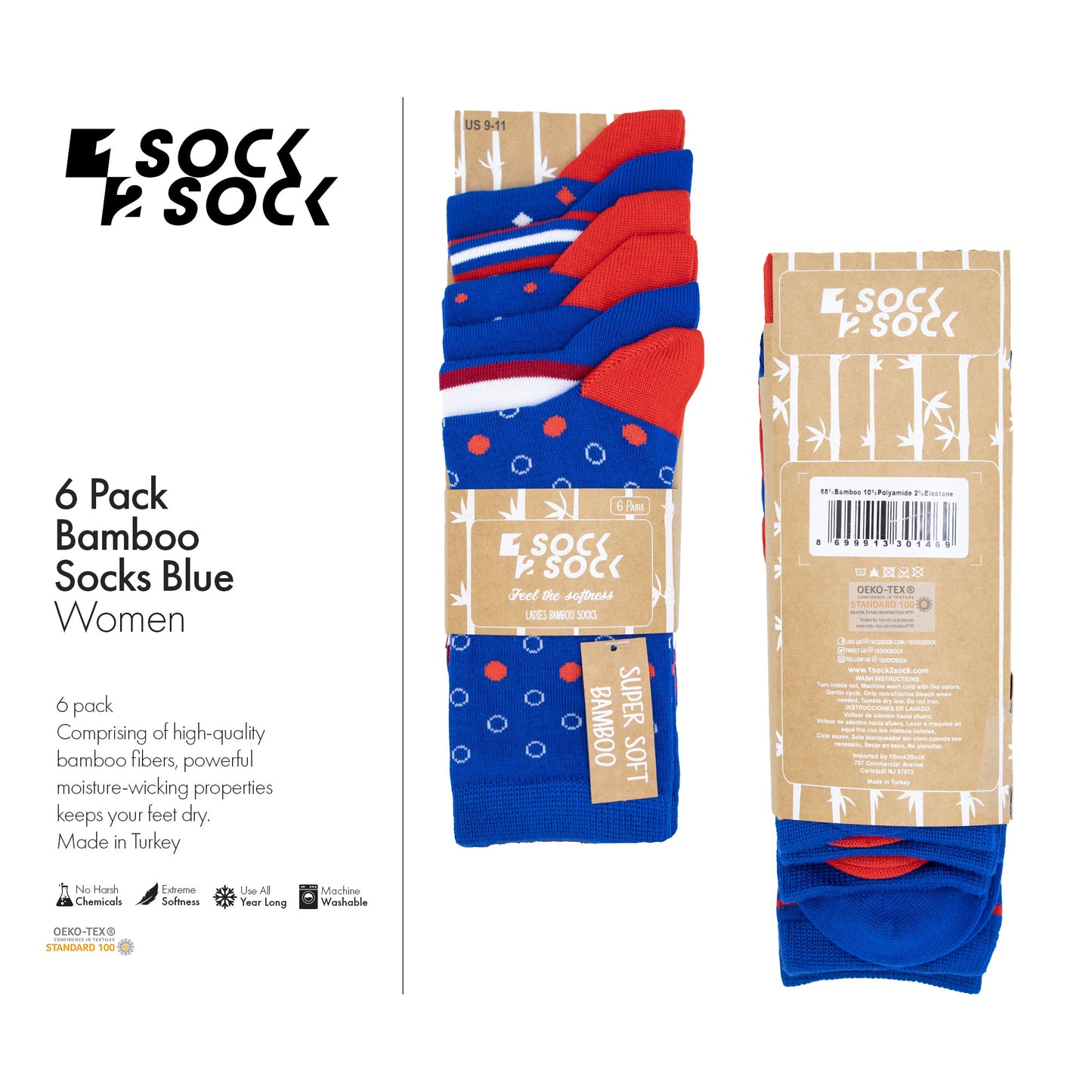 6 PACK BAMBOO SOCKS BLUE