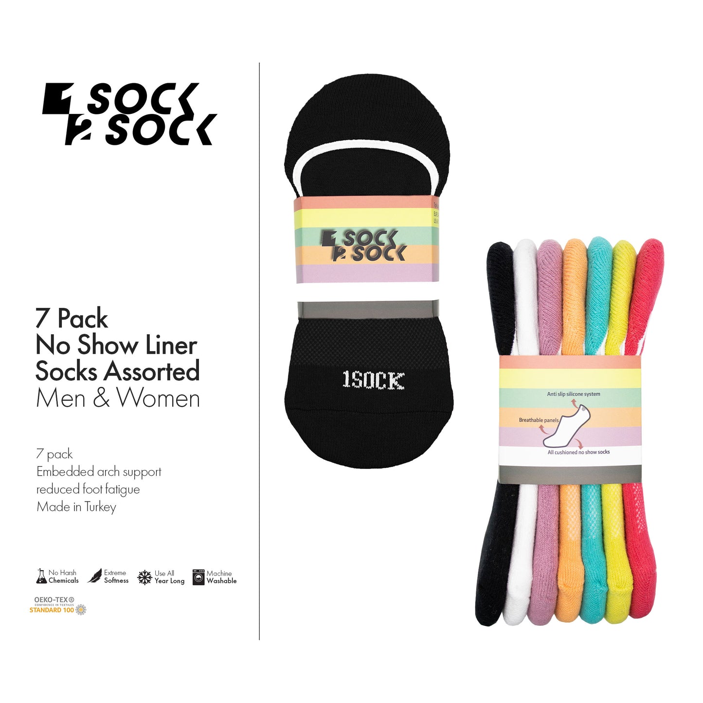7 PACK NO SHOW LINER SOCKS ASSORTED