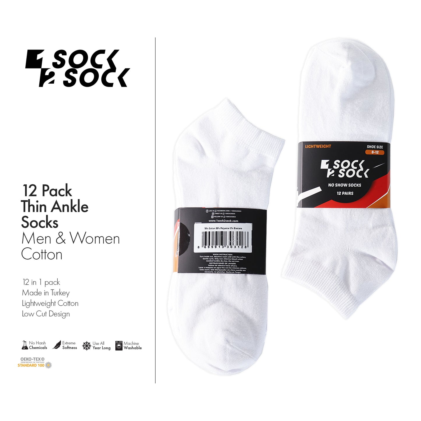 12 PACK THIN ANKLE SOCKS WHITE