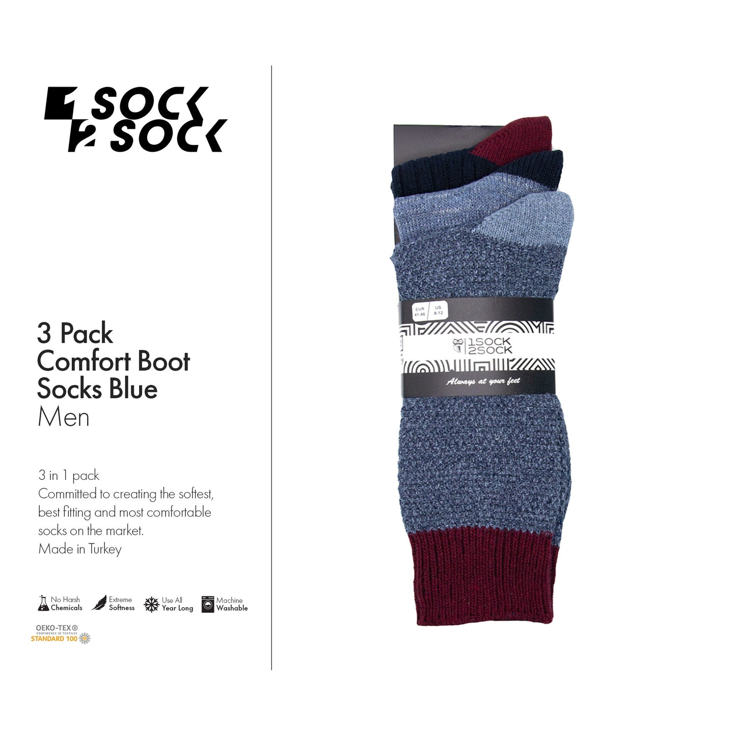 3 PACK COMFORT BOOT SOCKS BLUE