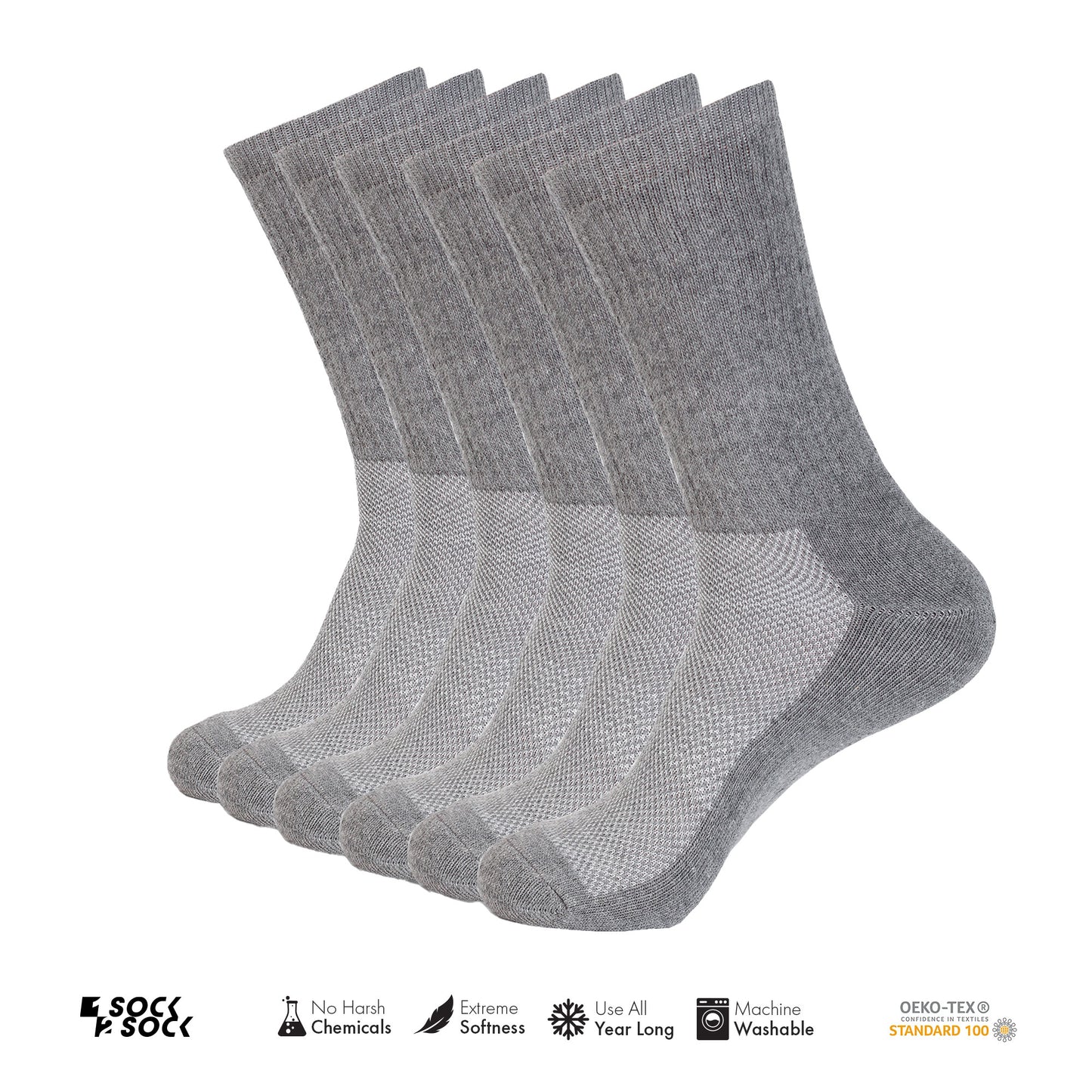 6 PACK ATHLETIC CREW SPORT SOCKS GREY