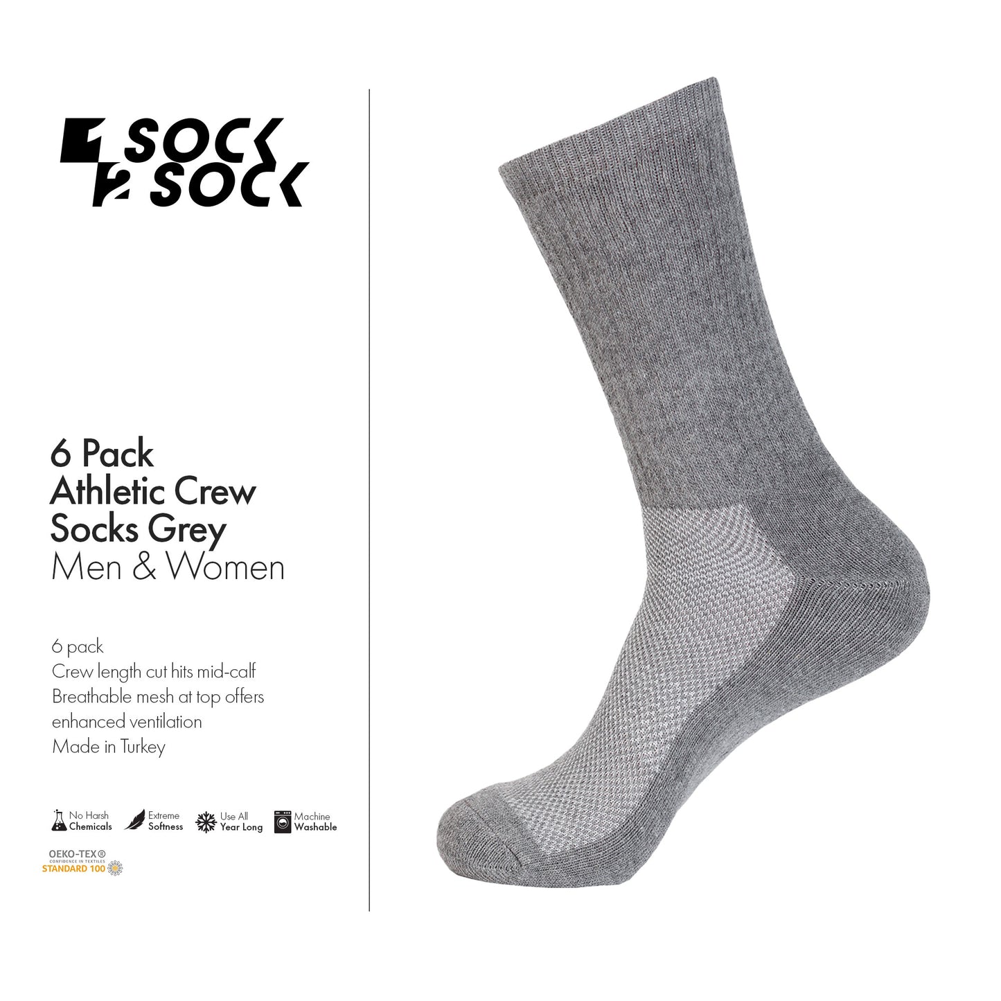 6 PACK ATHLETIC CREW SPORT SOCKS GREY