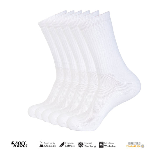 6 PACK ATHLETIC SPORT CREW SOCKS WHITE