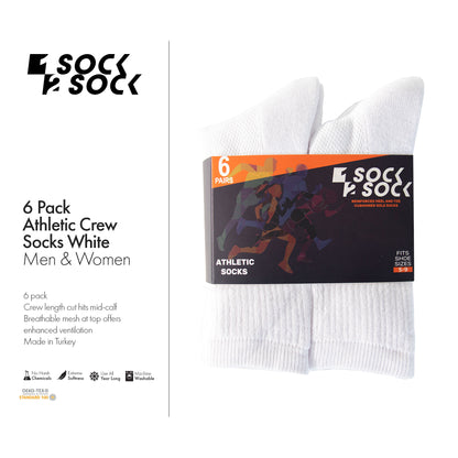 6 PACK ATHLETIC SPORT CREW SOCKS WHITE