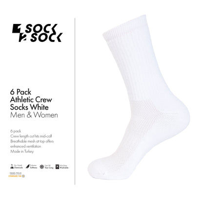 6 PACK ATHLETIC SPORT CREW SOCKS WHITE