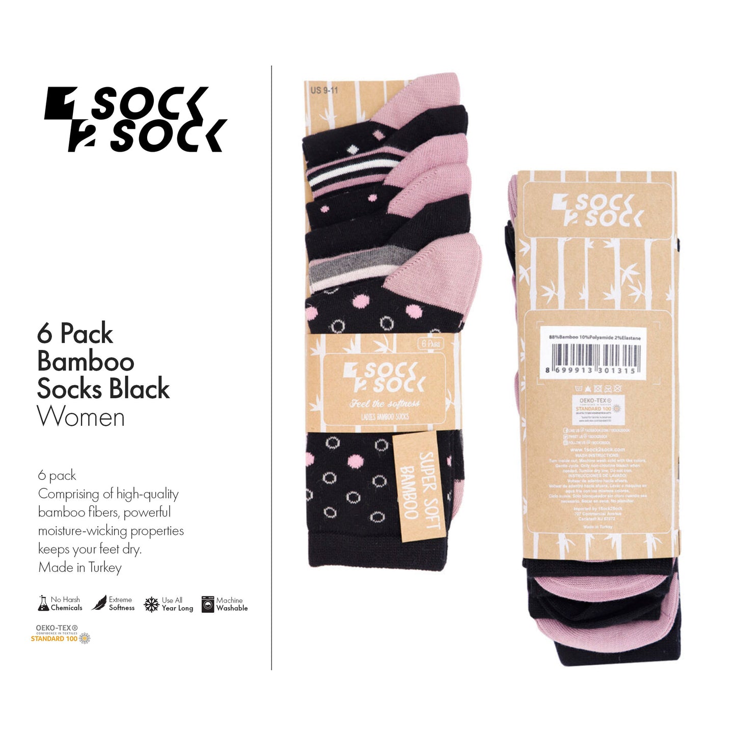 6 PACK BAMBOO SOCKS BLACK