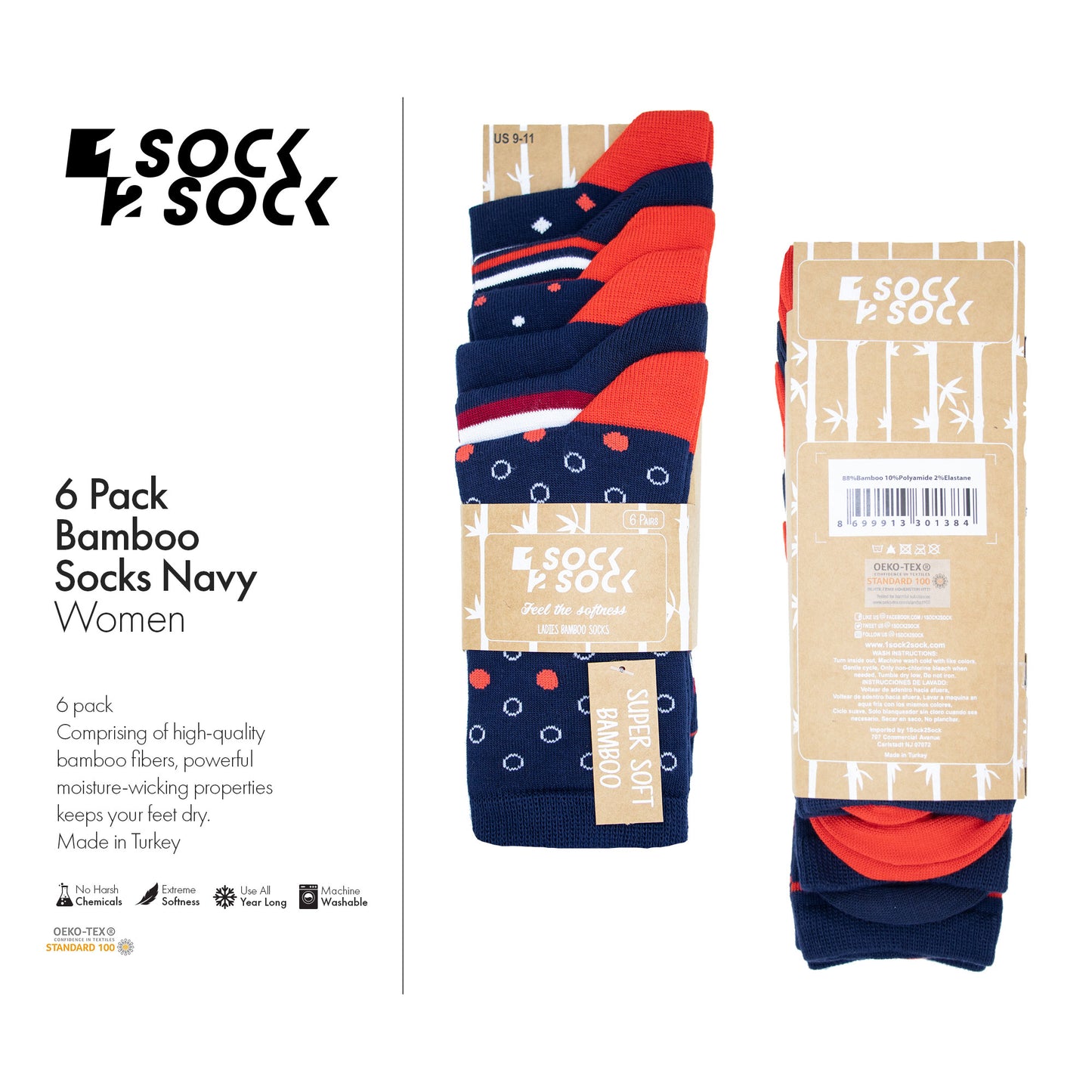 6 PACK BAMBOO SOCKS NAVY