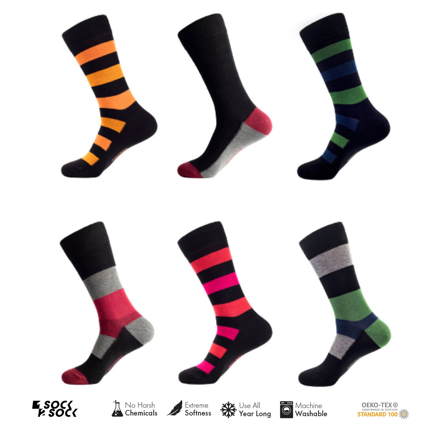 6 PACK BAMBOO SOCKS STRIPES BLACK