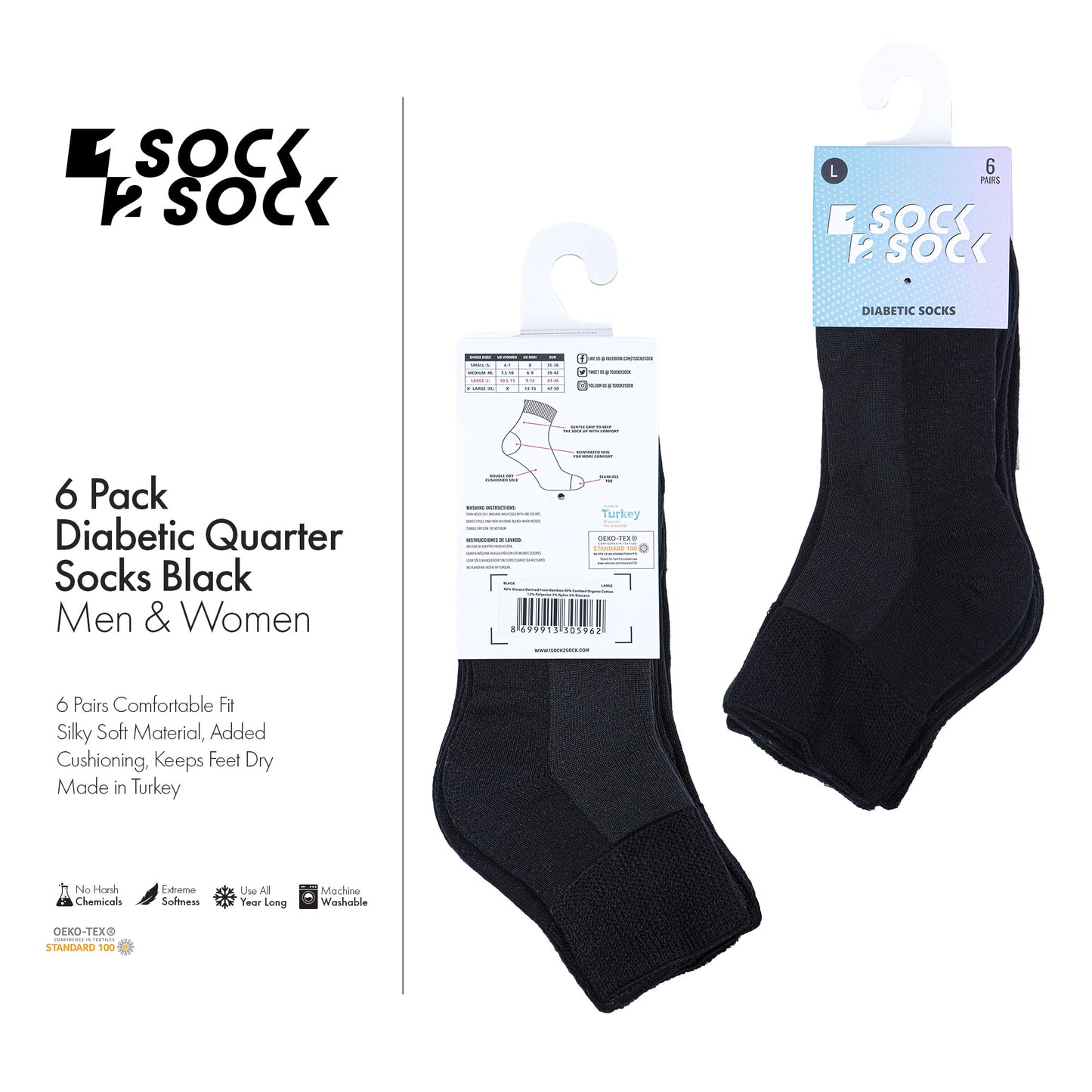 6 PACK DIABETIC QUARTER SOCKS FOR MEN AND WOMEN