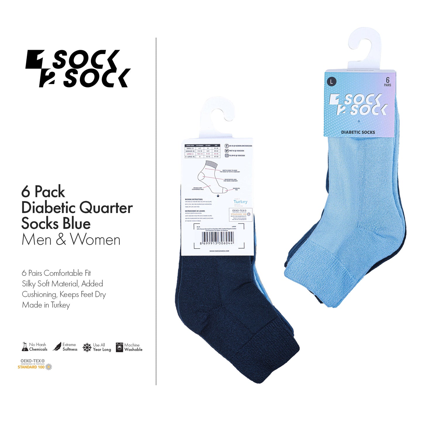 6 PACK DIABETIC QUARTER SOCKS FOR MEN AND WOMEN