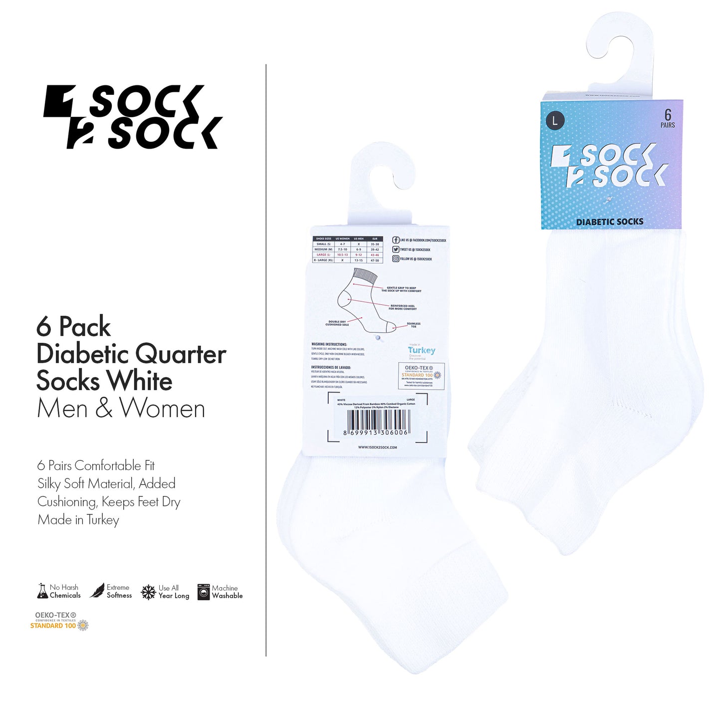 6 PACK DIABETIC QUARTER SOCKS FOR MEN AND WOMEN WHITE