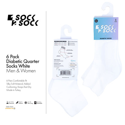 6 PACK DIABETIC QUARTER SOCKS FOR MEN AND WOMEN WHITE