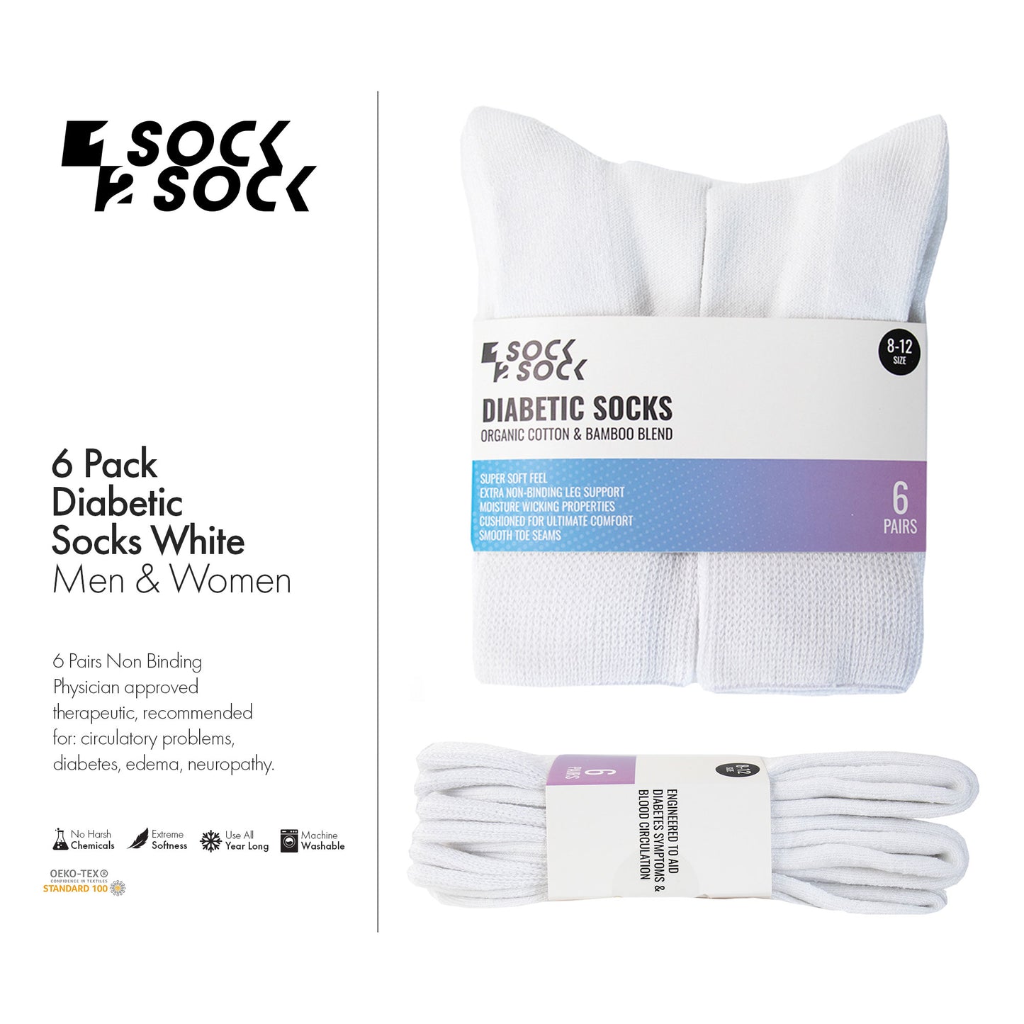 6 PACK DIABETIC SOCKS WHITE