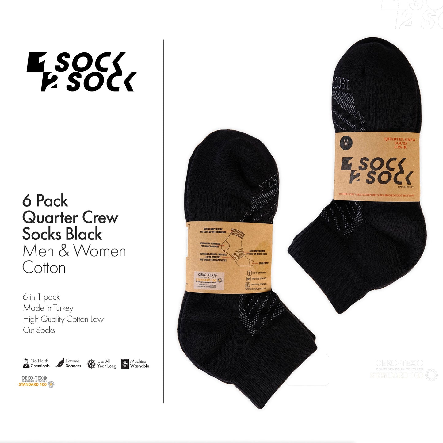 6 PACK QUARTER CREW SOCKS BLACK