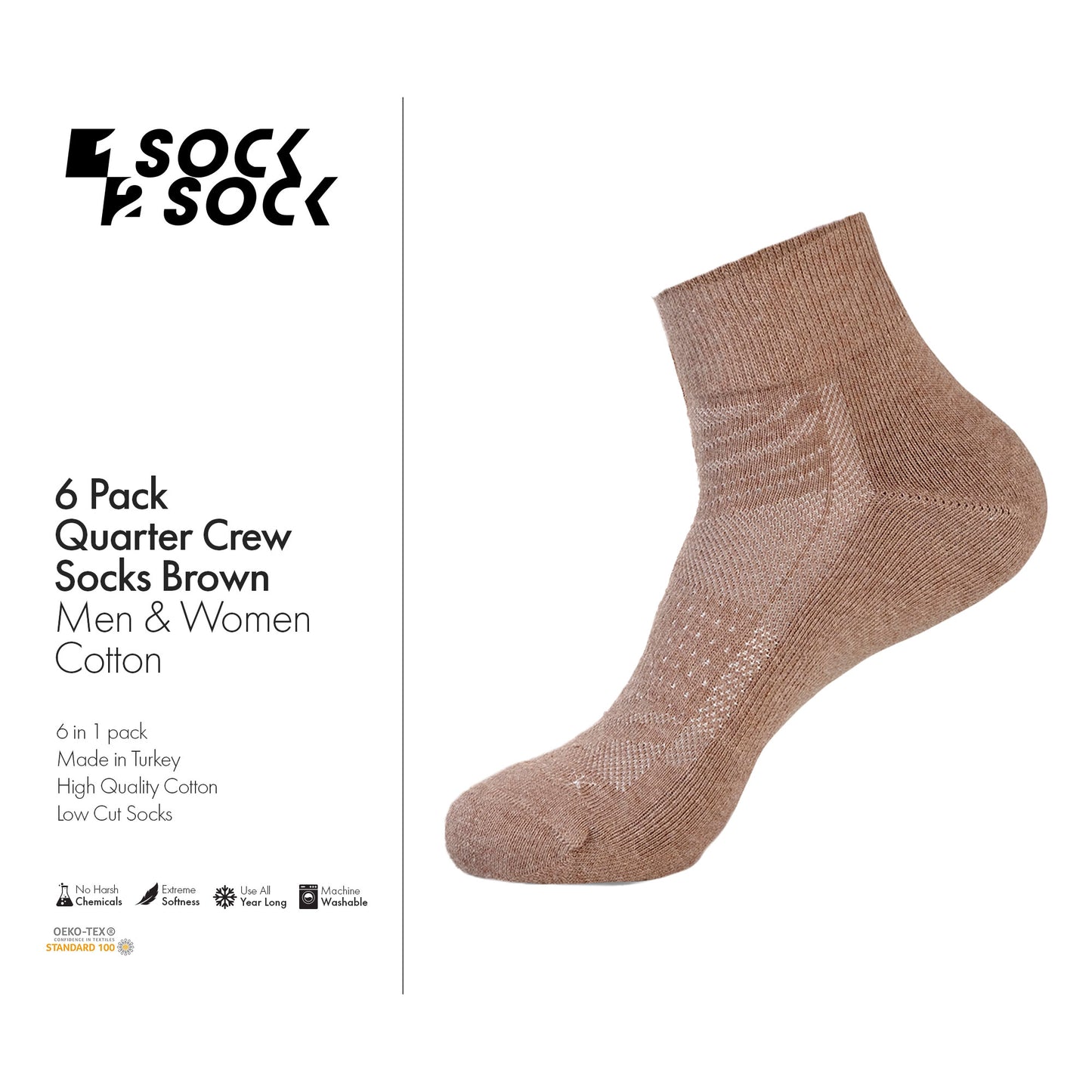 6 PACK QUARTER CREW SOCKS BROWN