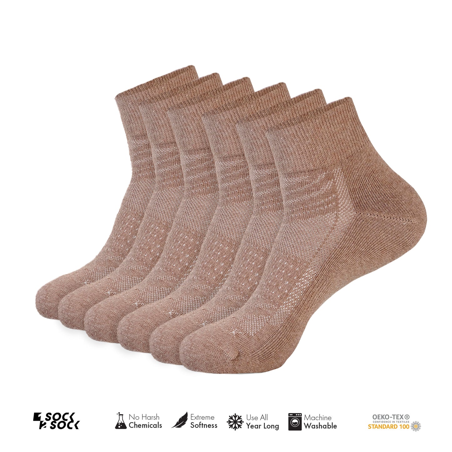 6 PACK QUARTER CREW SOCKS BROWN