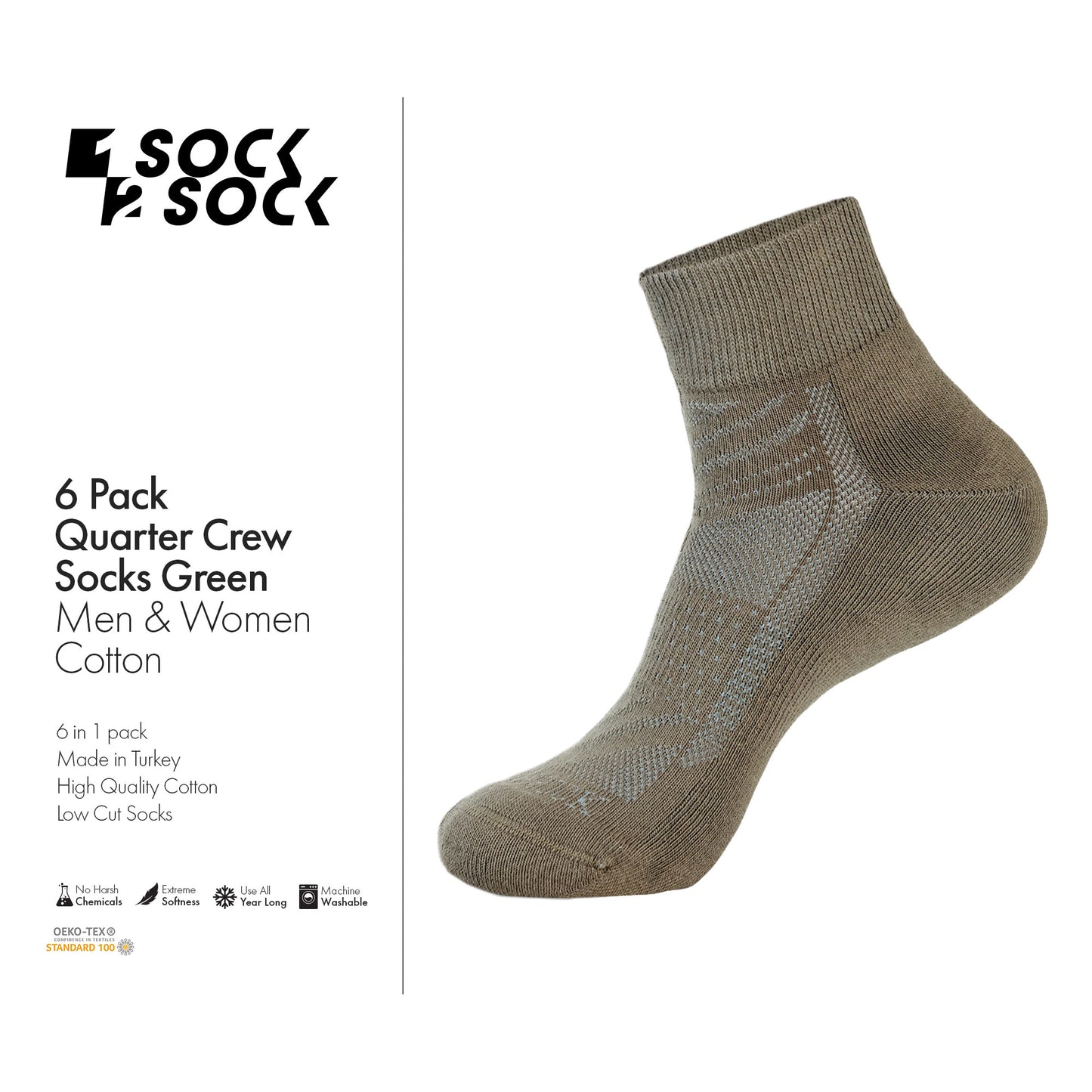 6 PACK QUARTER CREW SOCKS GREEN