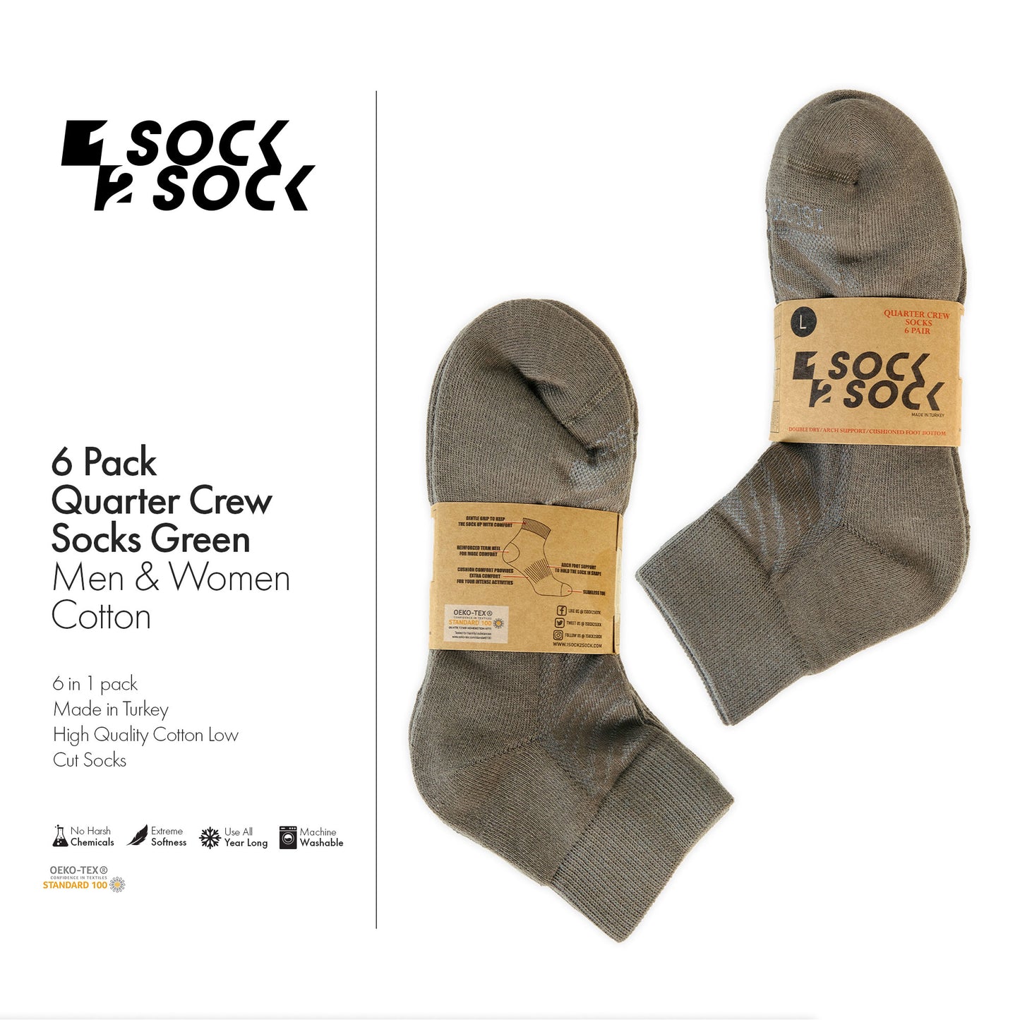 6 PACK QUARTER CREW SOCKS GREEN