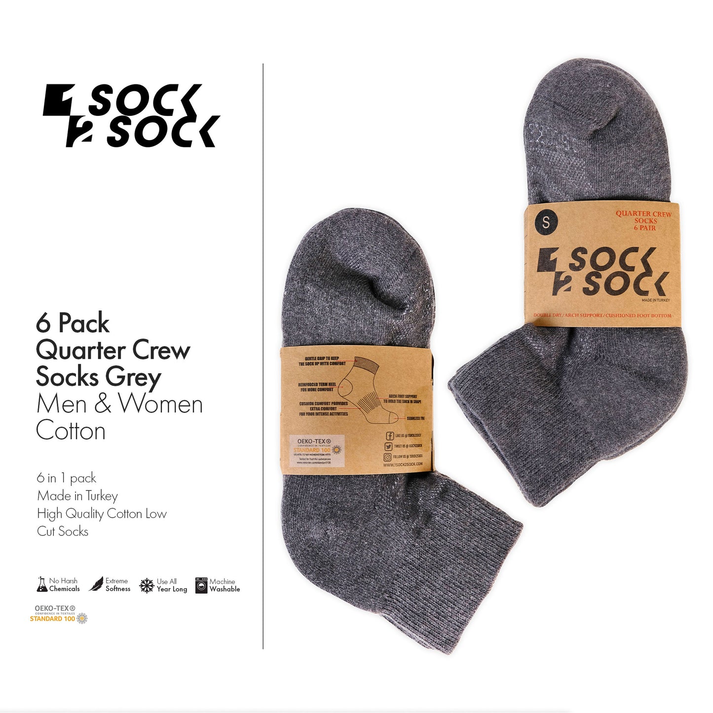 6 PACK QUARTER CREW SOCKS GREY