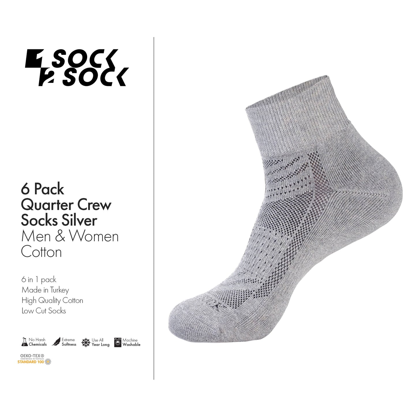 6 PACK QUARTER CREW SOCKS SILVER