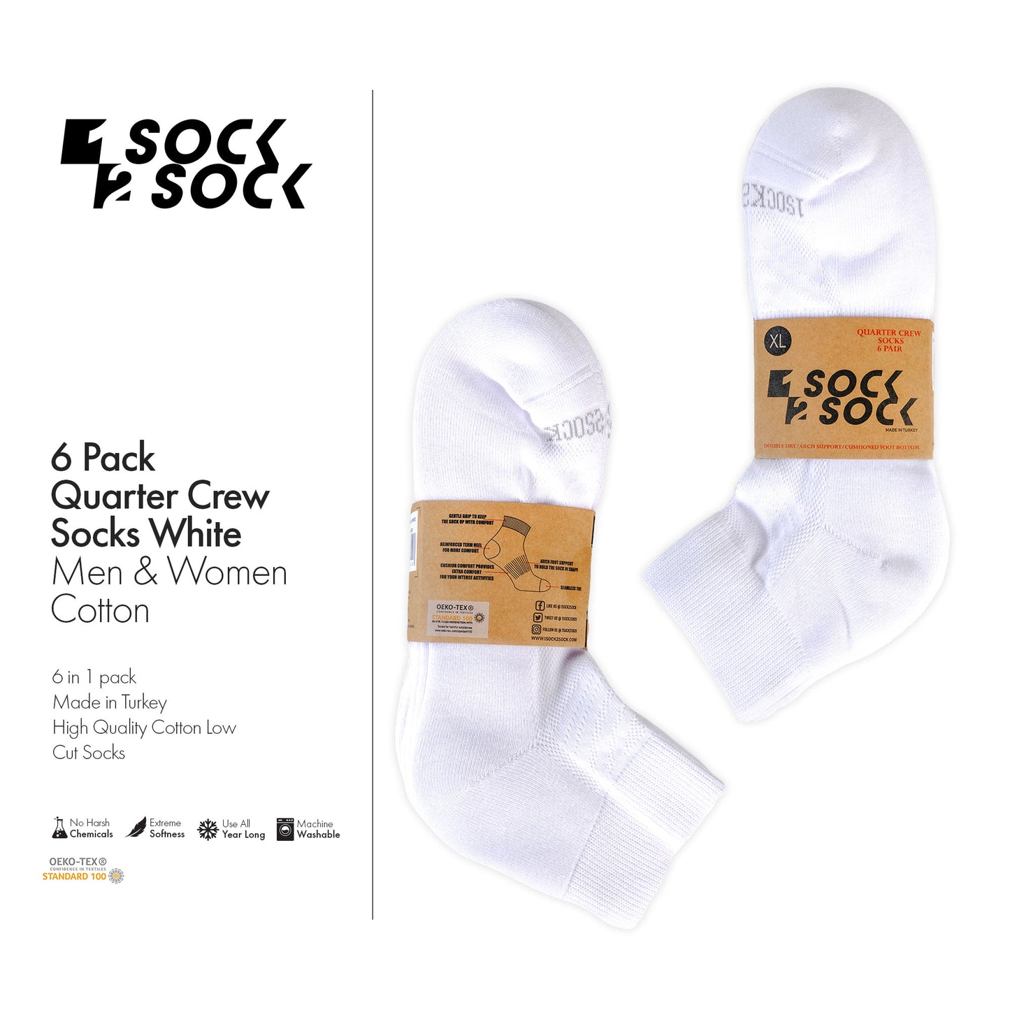 6 PACK QUARTER CREW SOCKS WHITE