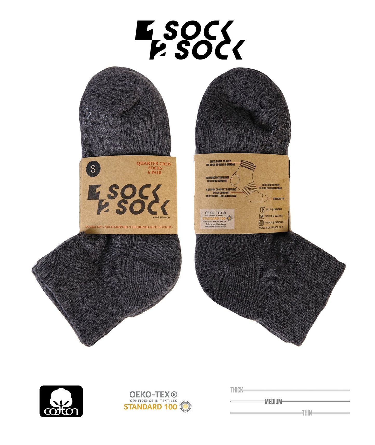 6 PACK QUARTER CREW SOCKS GREY