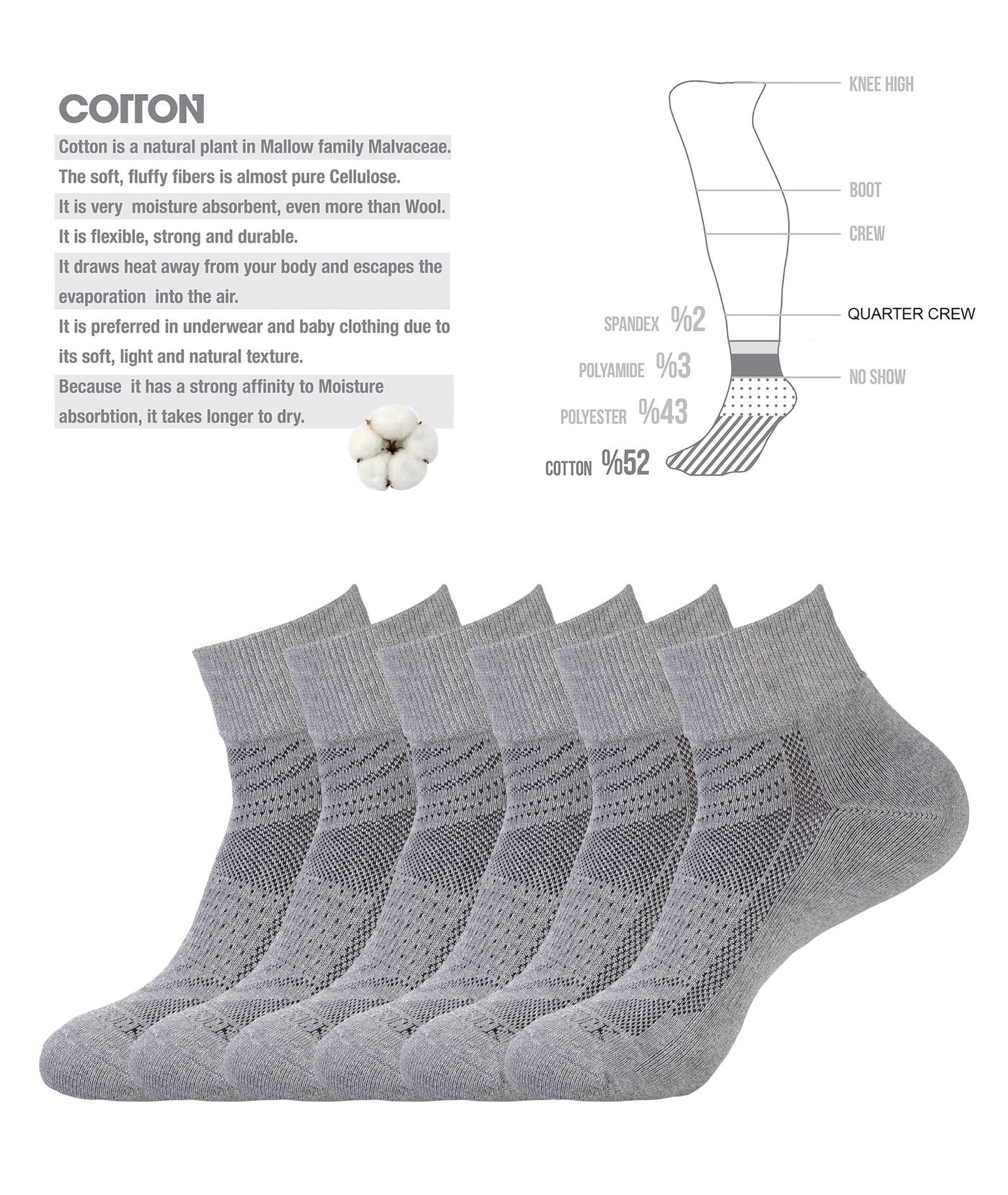 6 PACK QUARTER CREW SOCKS SILVER